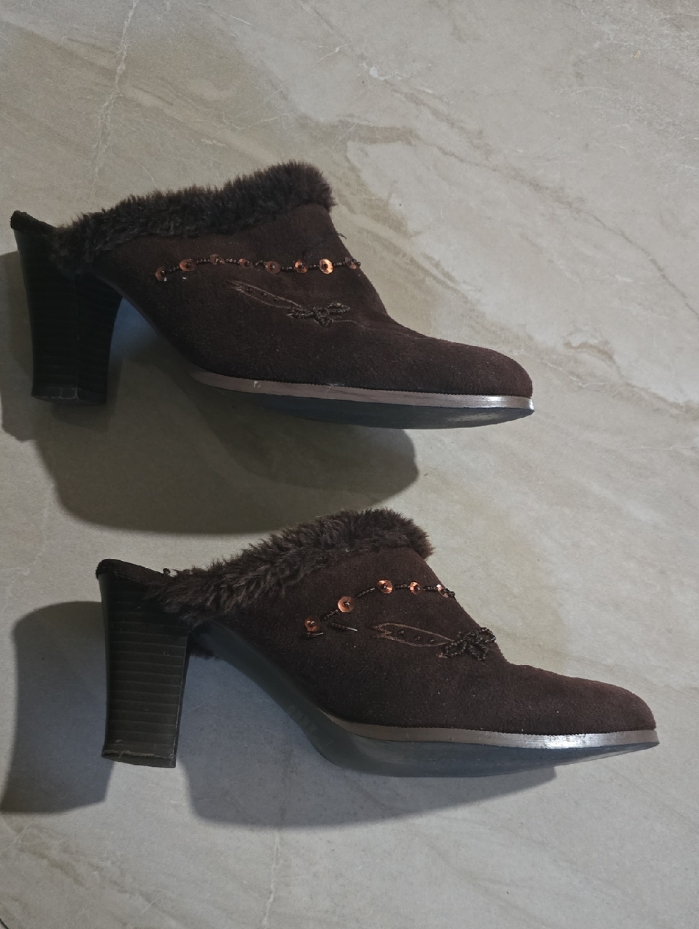 Women’s Brown Faux-Fur Suede Mule Heels